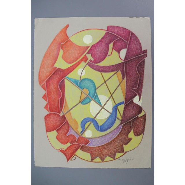 A vibrant abstract organic drawing, conceived as an ornamental composition in strong, luminous colors. Executed in colored...