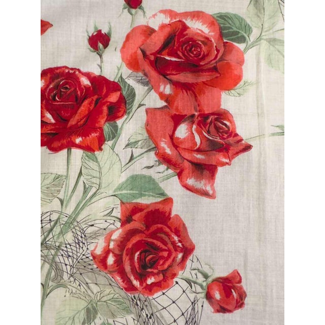 Textile Vintage 1940s French Rose Scarf Cotton Floral Handkerchief Hand Rolled Turquoise Edge Floral Illustration Romantic Accessories For Sale - Image 7 of 9