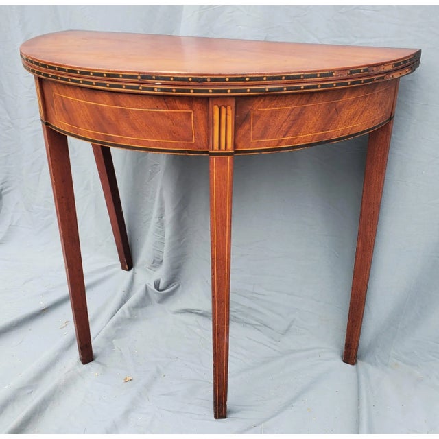 Wood Early 20th Century Edwardian Satin Wood Fold-Top Demilune Console Table For Sale - Image 7 of 7