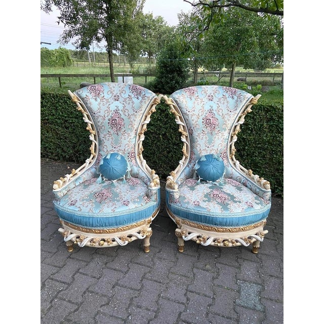 Turquoise 1970 Louis XVI White Beech Turquoise Lounge Chairs-Pair For Sale - Image 8 of 12