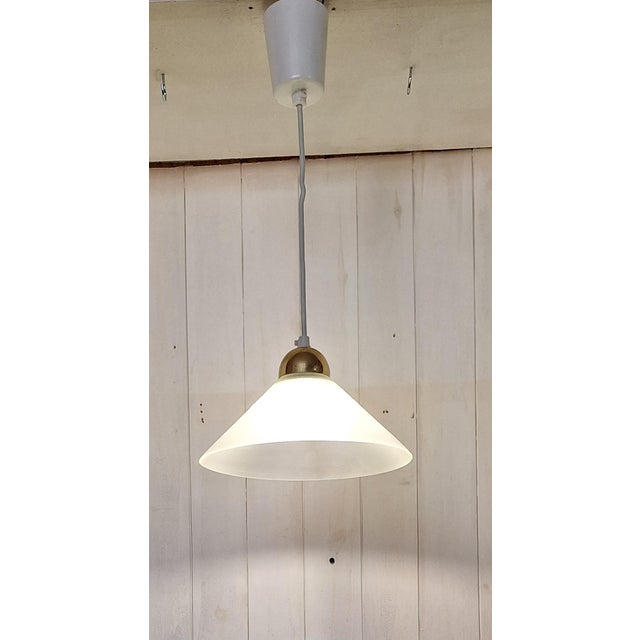 1970s Vintage Ceiling Lamp with Matte Ribbed Glass Shade on Brass Bracket, 1970s For Sale - Image 5 of 7