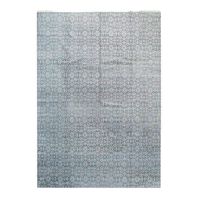 10x14 Gray Hand-Knotted Wool Faded Floral Lattice Geometric Modern Carpet Rug For Sale