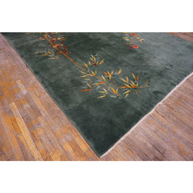 1930s Green Bamboo Floral Antique Chinese Art Deco Rug 8' 9'' X 11' 0'' Handknotted Wool Carpet For Sale - Image 11 of 12