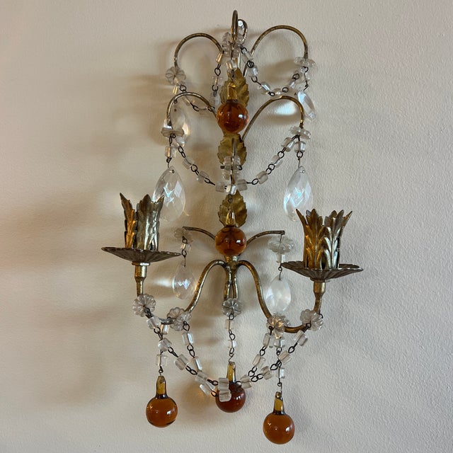 Antique set of Italian candle sconces with crystals and Amber glass beads. Each holds two candles.