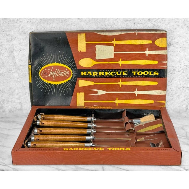 California Atomic 5pc Walnut & Stainless Steel BBQ Tool Set, c. Mid 20th Century - Original 5pc Set - Designed in...