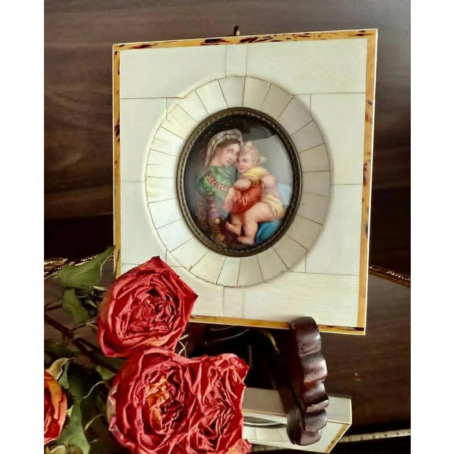 Mid 19th Century Antique Italian Miniature Porcelain Plaque Hand-Painted Madonna and Child in Bone Frame For Sale - Image 5 of 9