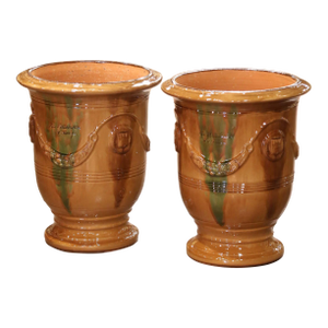 Pair of French Handmade Glazed Terracotta Anduze Planters by La Madeleine