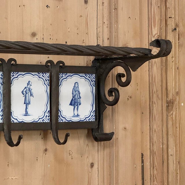 19th Century Dutch Wrought Iron Coat Rack With Delft Tiles For Sale - Image 13 of 18