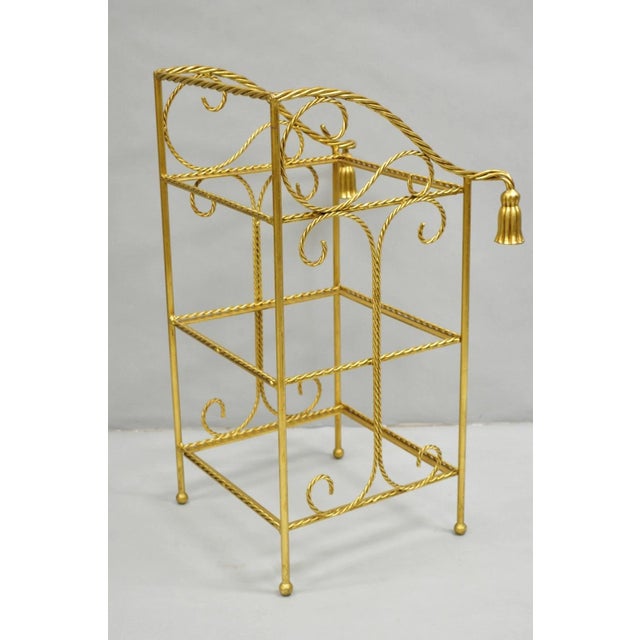 Mid 20th Century Italian Hollywood Regency Gold Gilt Iron Tassel 3 Tier Etagere Towel Rack Stand For Sale - Image 10 of 12