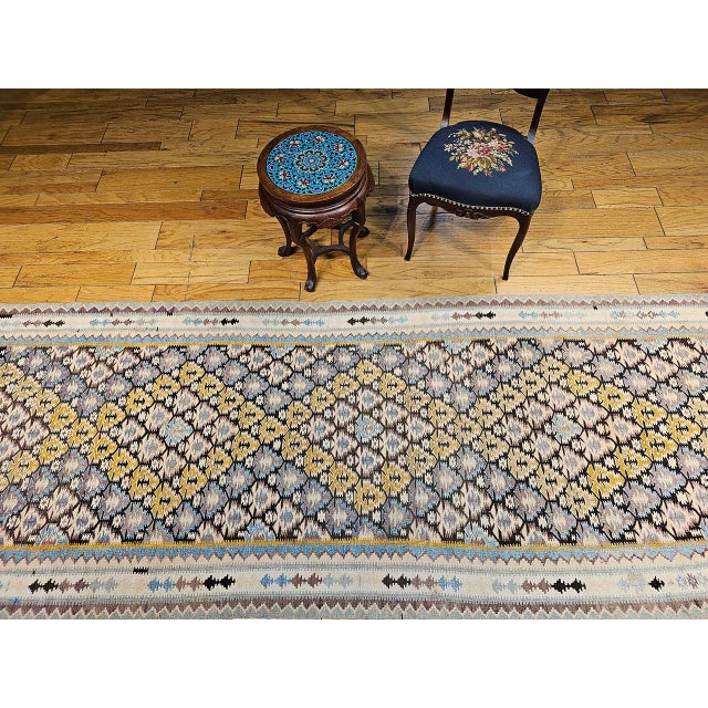 Off-white Vintage Persian Qazvin Tribal Kilim Runner, Handwoven Allover Paisley Pattern, Brown & Ivory, 4’ x 18’ For Sale - Image 8 of 17