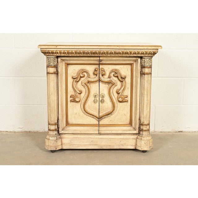 A gorgeous Hollywood Regency or French Rococo style bedside chest or side table By Romweber USA, Circa 1960s Carved cream...