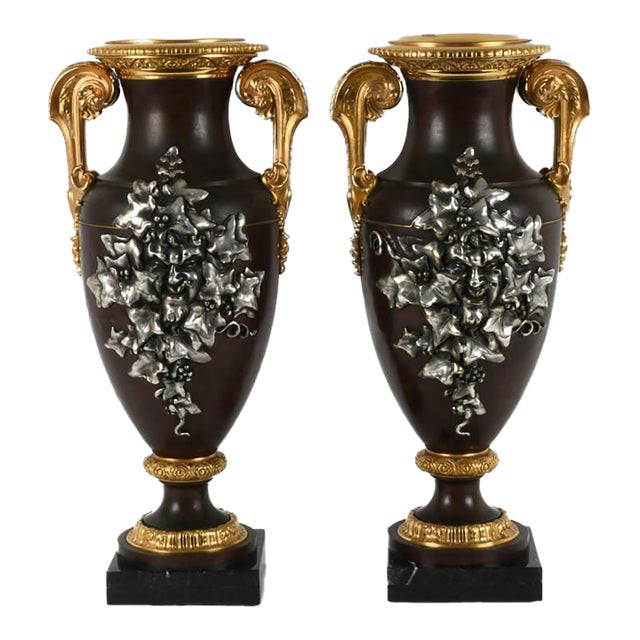 Antique 19th Century Pair of Bronze Urns on Marble Bases For Sale