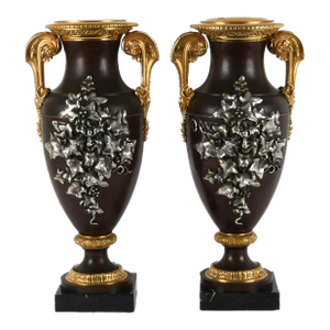 Antique 19th Century Pair of Bronze Urns on Marble Bases