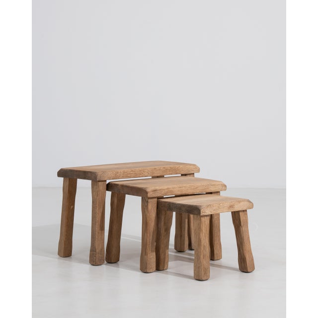 Wood Set Of Three Oak Brutalist Nesting Tables For Sale - Image 7 of 9