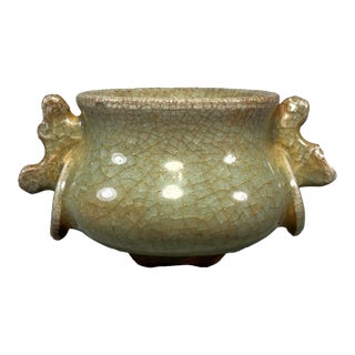 Vintage‑Style Chinese Longquan Celadon Censer With Dragon‑Shaped Handles For Sale