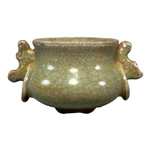 Vintage‑Style Chinese Longquan Celadon Censer With Dragon‑Shaped Handles For Sale