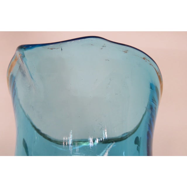 Tall Hand Blown Glass Blue and Hand Painted Flowers Pitcher For Sale - Image 9 of 13