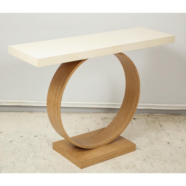 Bespoke Sculptural cerused oak and parchment console. Please view our other listings for this piece in various finishes.