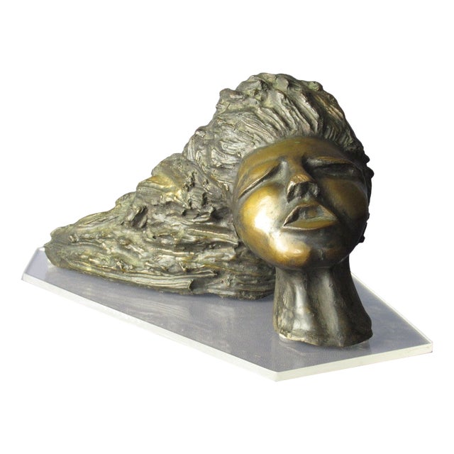 Cast Bronze Head Sculpture of a Woman with Long Hair, 20th Century For Sale