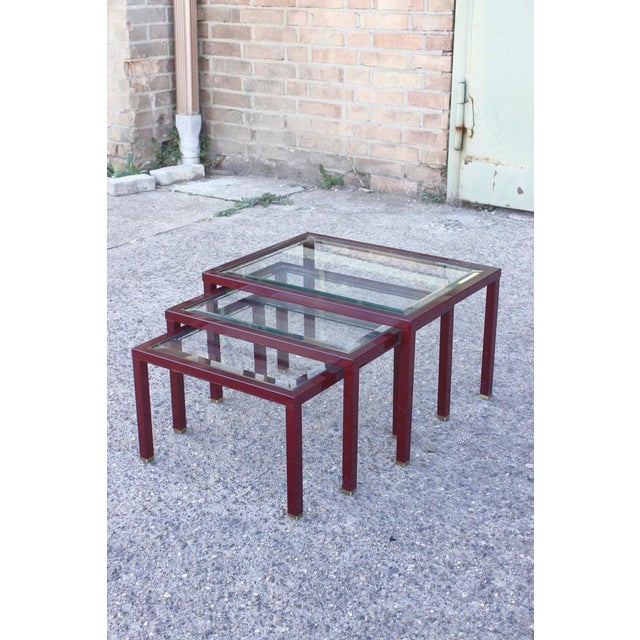 Bordeaux and Brass Lacquered Metal Tables from Maison Jansen, France, 1950s, Set of 3 For Sale - Image 17 of 17