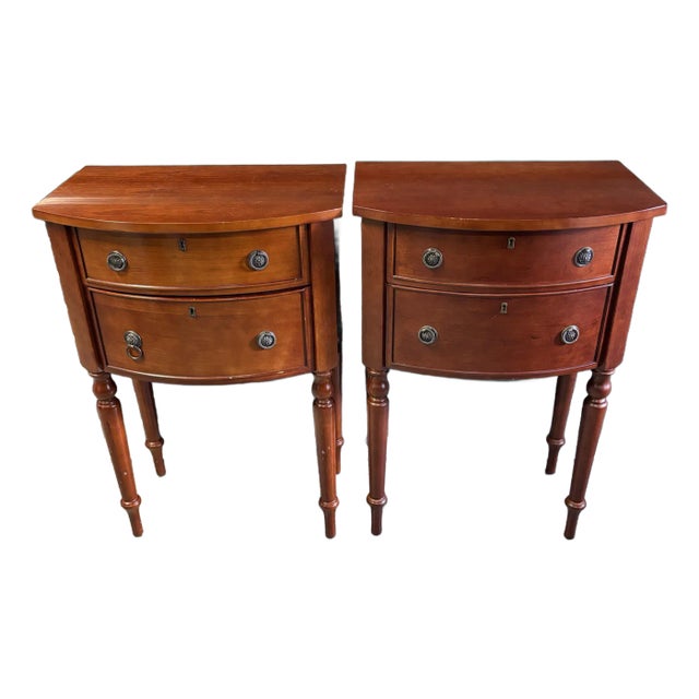 1990s The Bombay Company Federal Style Cherry Bow Front Tables Nightstands - a Pair For Sale