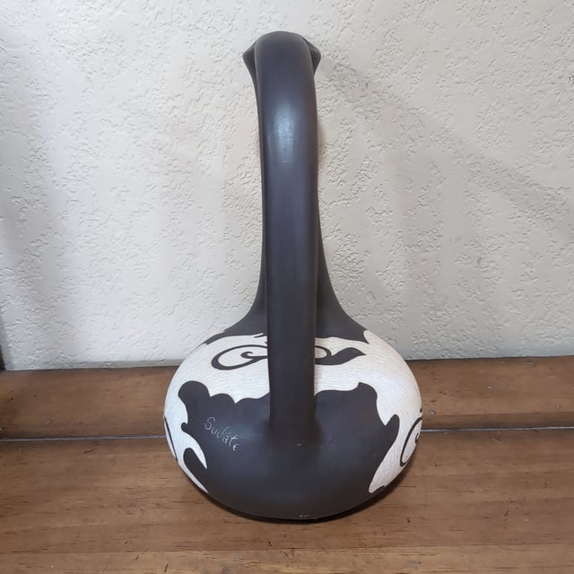Signed Sujate Art Pottery Vase Pitcher Abstract Black & White Sgraffito 11" Tall Description: For sale is a striking...