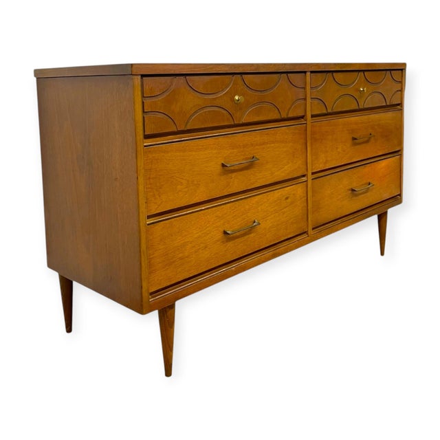 Mid-Century Modern Vintage Bassett Mid Century Modern Walnut Double 6 Drawer Dresser With Carved Details. For Sale - Image 3 of 11
