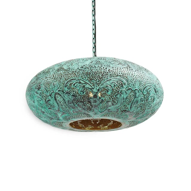 Hanging copper rounded saucer shaped lantern beautiful hand pounded leaf pattern design. Stunning perforated hole patterns...