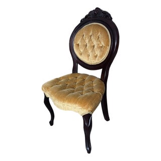 Vintage Victorian Style Dark Wood Frame Velvet Tufted Accent Chair For Sale