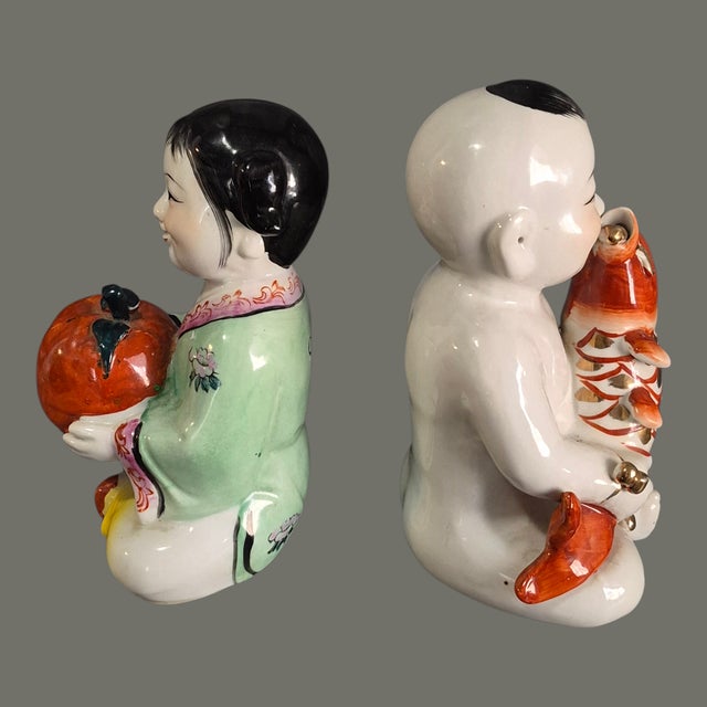 Chinese Vintage Pair Asian Hand Painted Porcelain Lucky Children Longevity Feng-Shui Figurines For Sale - Image 3 of 8