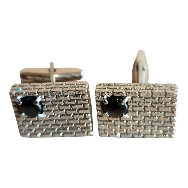 1960s Estate Modernist Sterling Onyx Cufflinks For Sale