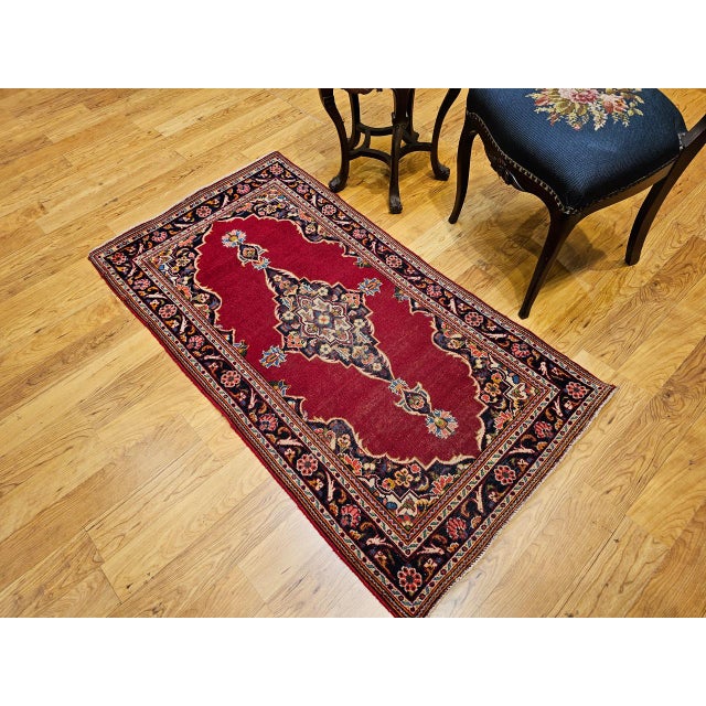 Vintage Persian Kashan Rug, Hand-Knotted Wool, Medallion Floral Pattern, Red & Navy, 3x5 For Sale In Chicago - Image 6 of 9