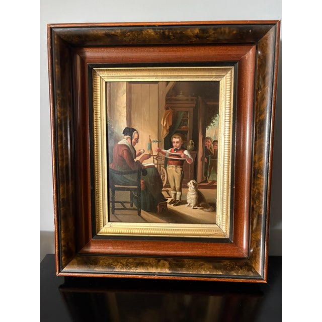 Framed Oil on Board "Grandmother Teaching Grandson How to Knit", Mid-20th Century