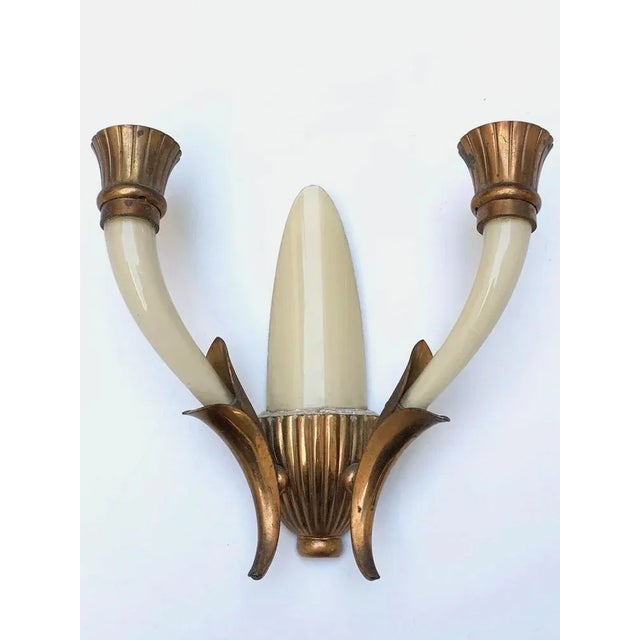 Italian Ivory White Blown Murano Glass & Coppered Brass Sconces, 1940s, Set of 2 For Sale - Image 11 of 18
