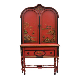 Red Chinoiserie Style Cupboard For Sale