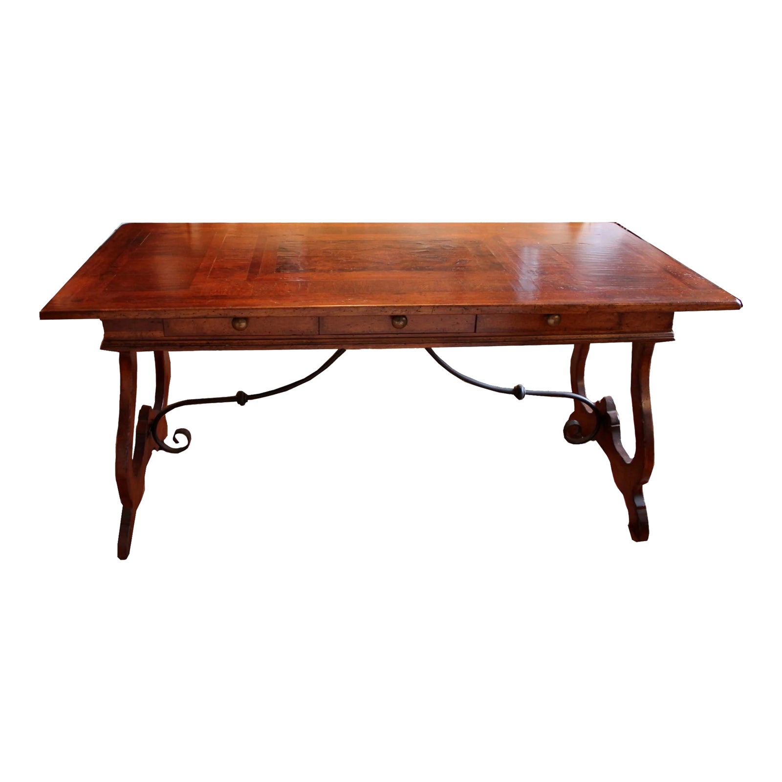 Italian Wood Inlay Farm Style Desk/Table With Wrought Iron Rod Trim