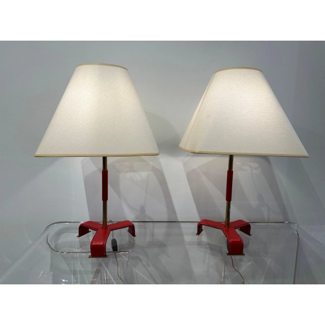 Jacques Adnet Vintage Jacques Adnet Style Red Stitched Leather Table Lamps, 1950's France - a Pair For Sale - Image 4 of 12