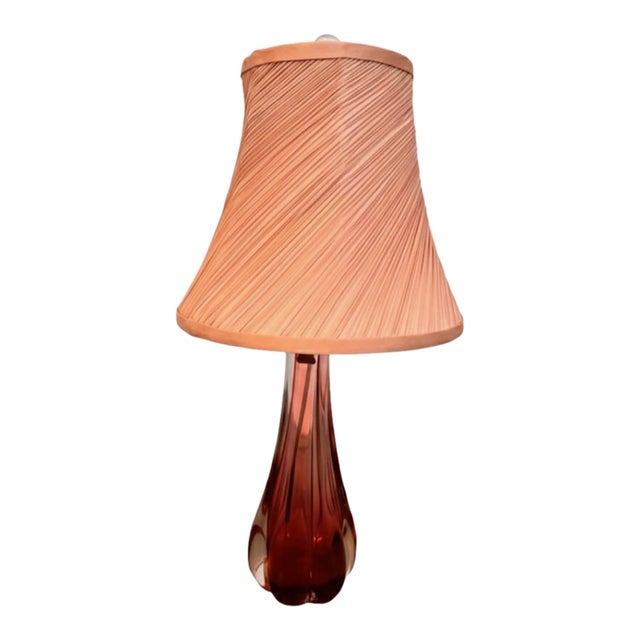 Val Saint Lambert Pink Crystal Table Lamp With Custom Silk Shade, C. 1950s For Sale