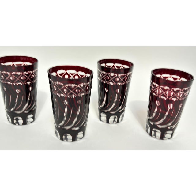 Burgundy Set of 4 Ruby Red Cut-to-Clear Crystal Glasses, Hand-Cut Barware, Circa 1960s For Sale - Image 8 of 13