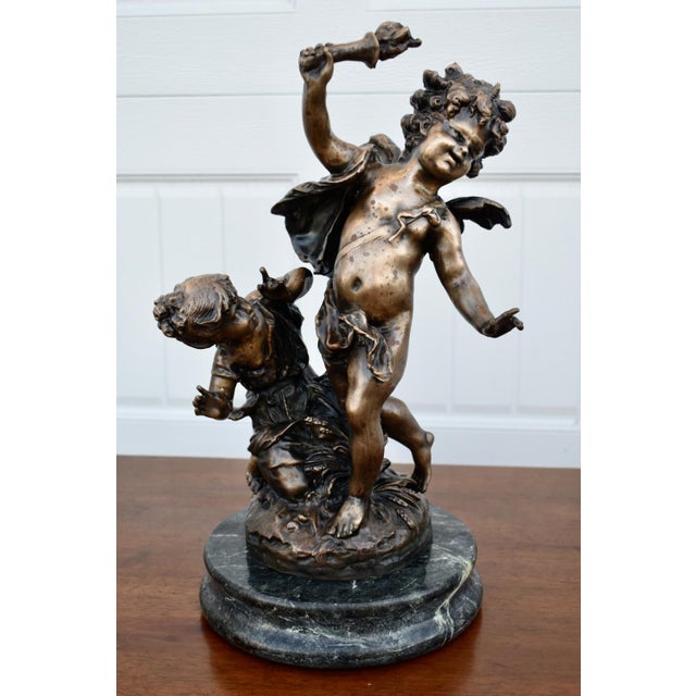 1980s Vintage Bronze Cherub & Child Signed Figurine on Marble Base For Sale - Image 5 of 12