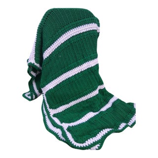 1960's Hand Knit Green/ White Blanket- Very Clean For Sale