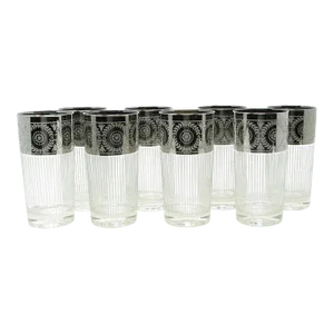 Vintage Culver Tumblers With Silver Band and Textured Vertical Stripes - 8 Pieces