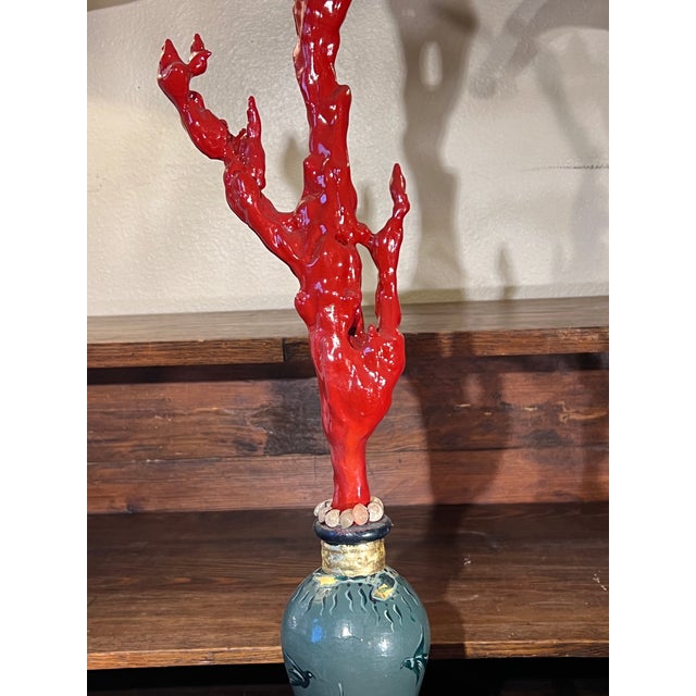 Tall Chinoiserie Style Decorative Faux Red Coral Branch in Painted Green & Gilded Vase For Sale - Image 9 of 11