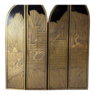 Vintage Large 1980s Art Deco Revival Gilt & Black Lacquer Four-Panel Folding Screen / Room Divider For Sale