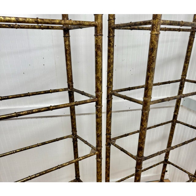 Stunning Pair of Vintage Mid-Century Tole Faux Bamboo Bookcase Etergeres in a Faux Tortoise Shell Finish - Newly Painted For Sale - Image 12 of 12