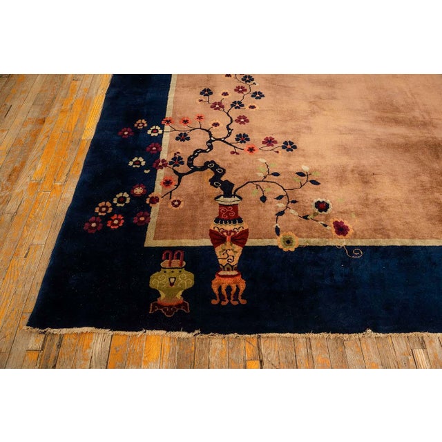 1920s Large Size Wool Camel Chinese Floral Antique Knotted Art Deco Carpet Rug For Sale - Image 9 of 10