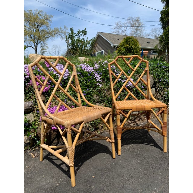 Angraves English Chippendale Chinoiserie Style Bamboo Wicker Rattan Accent Chairs a Pair