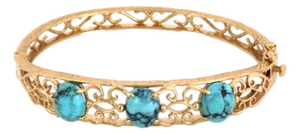 Mid 20th Century Turquoise 14k Yellow Gold Fancy Scroll Design Hinged Bracelet