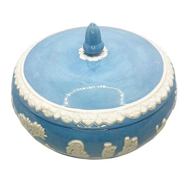 Vintage Ceramic Baby Blue Decorative Covered Dish With Lid and White Figures For Sale In Oklahoma City - Image 6 of 6