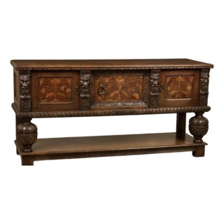 Antique Flemish Carved Oak Sideboard Late 19th Century Toms-Price Chicago Provenance Grotesque Masks Marquetry Inlay For Sale